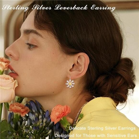 925 Sterling Silver Daisy Earrings 18K White Gold Plated Leverback - Picture 4 of 6